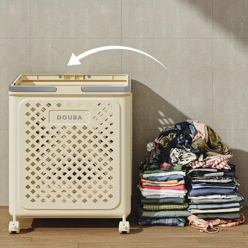 A Large Capacity Laundry Basket is Placed Near Laundry Clothes.