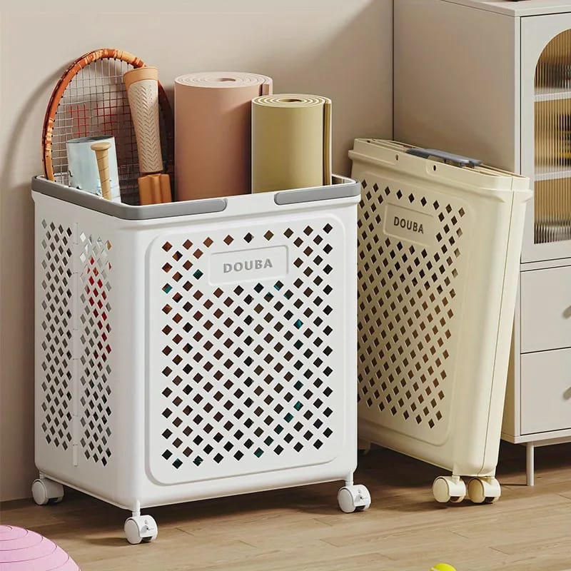 Sports Accessories are Stored in a Large Capacity Laundry Basket.