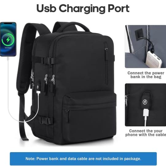 Mobile Phone is Connected to the Charging Port Of a Large Capacity Travel Backpack.