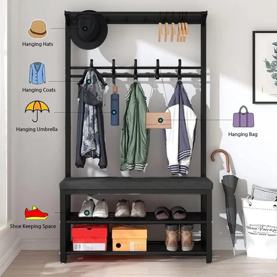 Large Coat Stand Hanger with Shoe Rack Bench With Dresses and Shoes.
