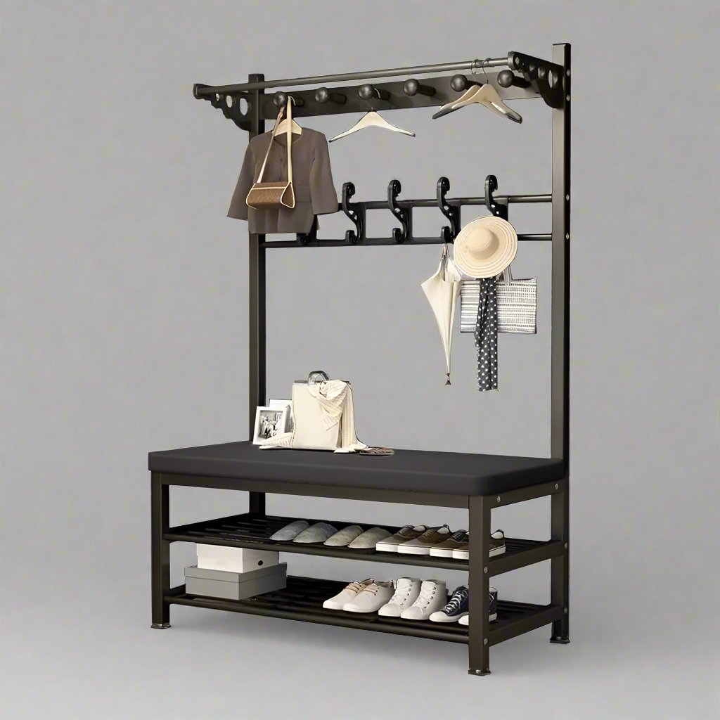 Large Coat Stand Hanger with Shoe Rack Bench Having Shoes and Dresses Are Organized.