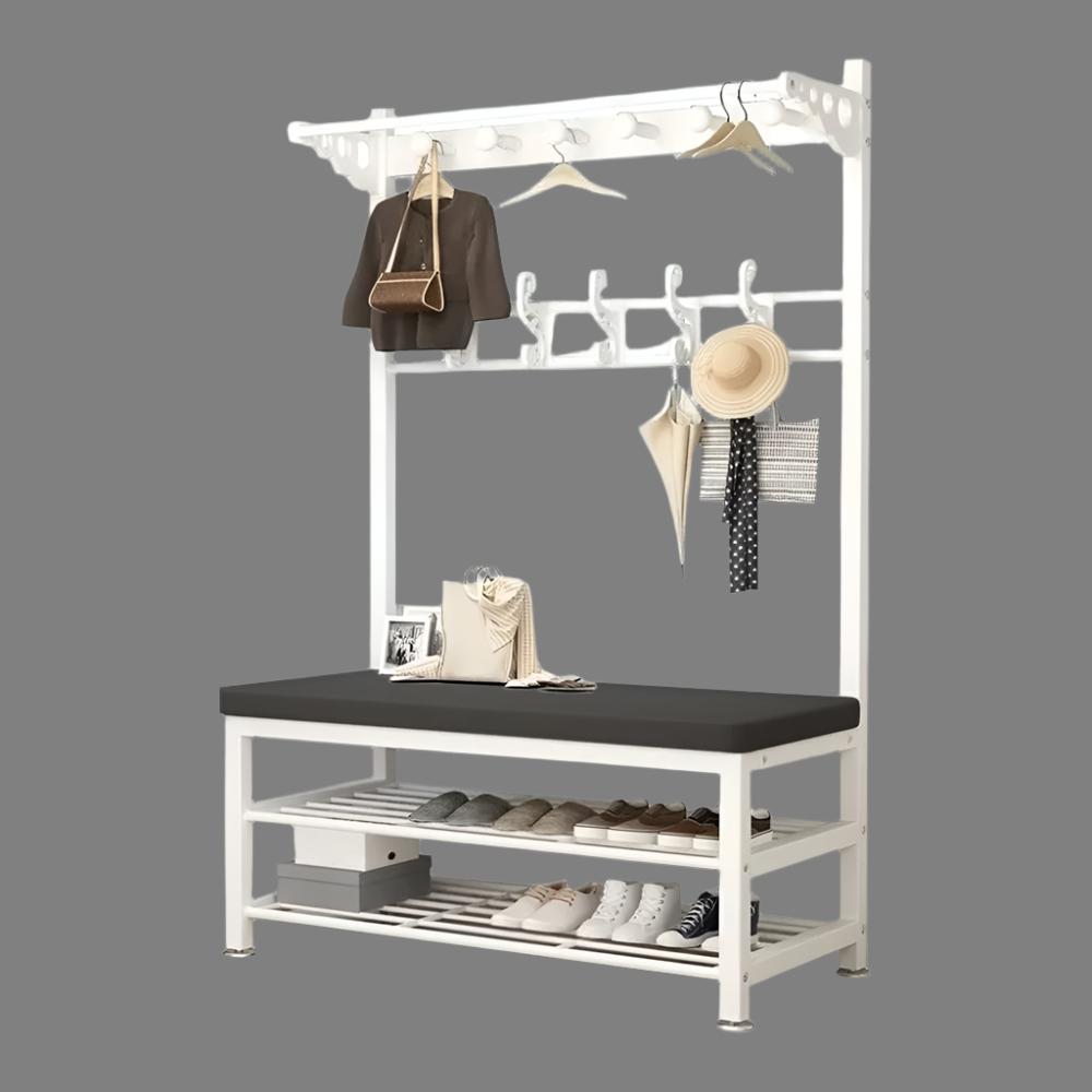 Large White  Coat Stand Hanger with Shoe Rack Bench Having Shoes and Dresses Are Organized.