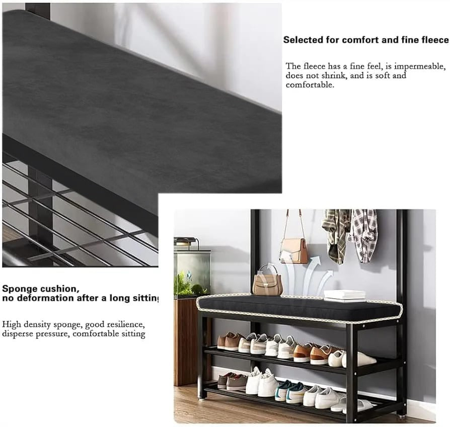 Cushion Of Large Coat Stand Hanger with Shoe Rack Bench.