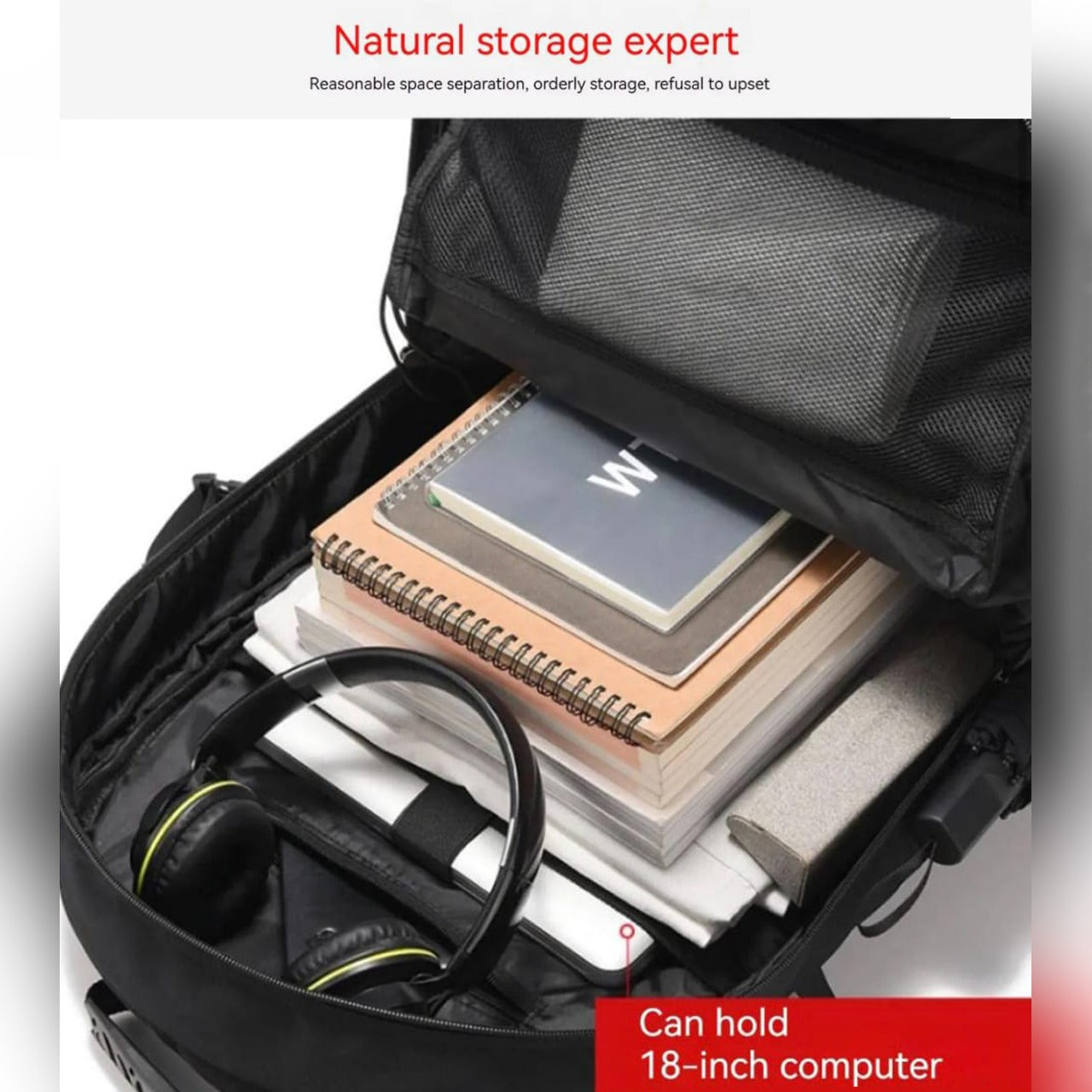 Books and Earphone Are Kept On Large Capacity Travel Backpack.