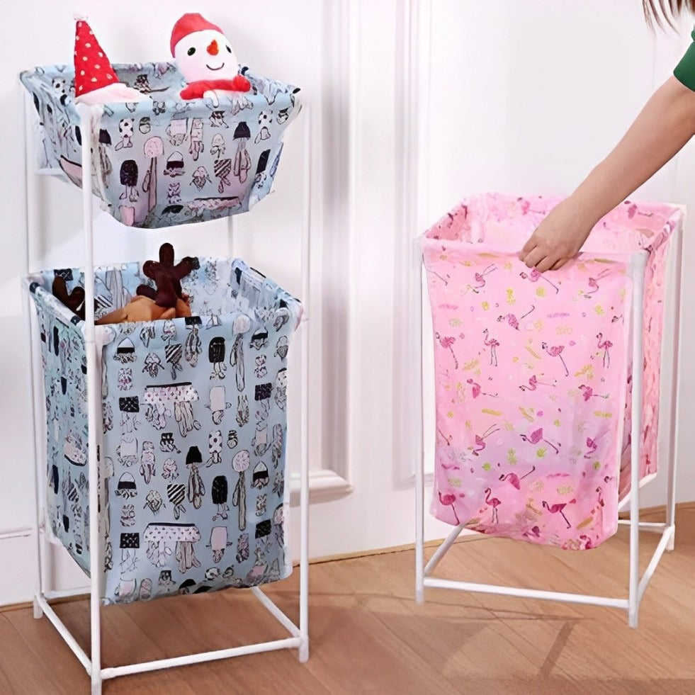 A Person is Holding Large Capacity Double Layer Dirty Cloth Laundry Basket Storage Rack.