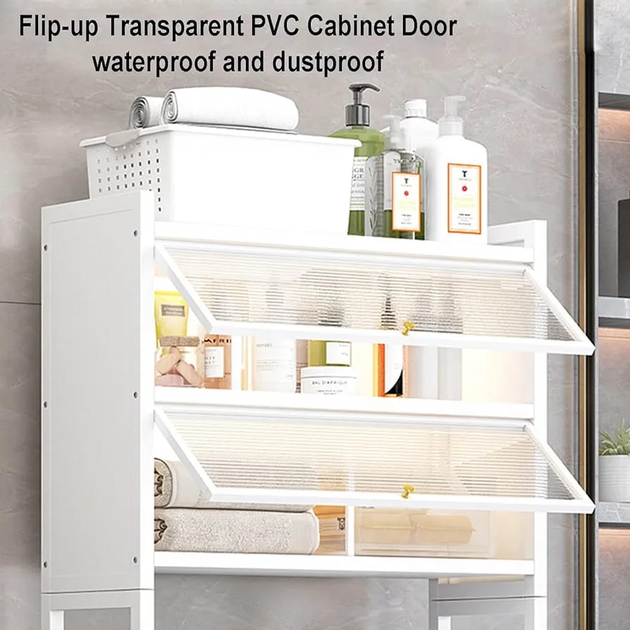 Cosmetic Items Are Arranged in the Laundry Room Storage Cabinet Organizer.