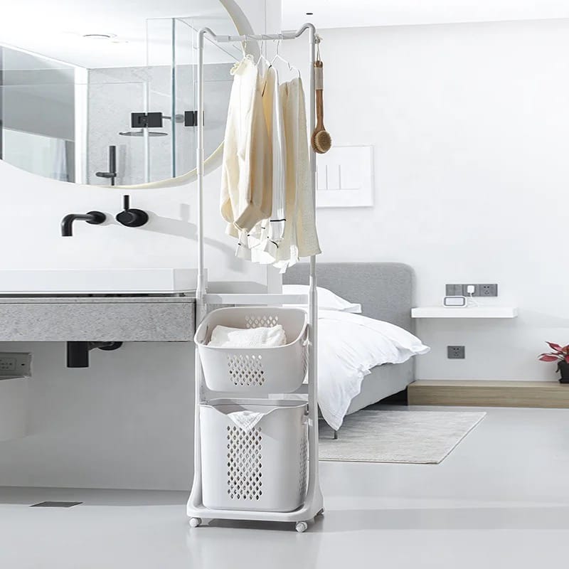 A Laundry Storage Basket With Hanger Placed in the Bathroom.