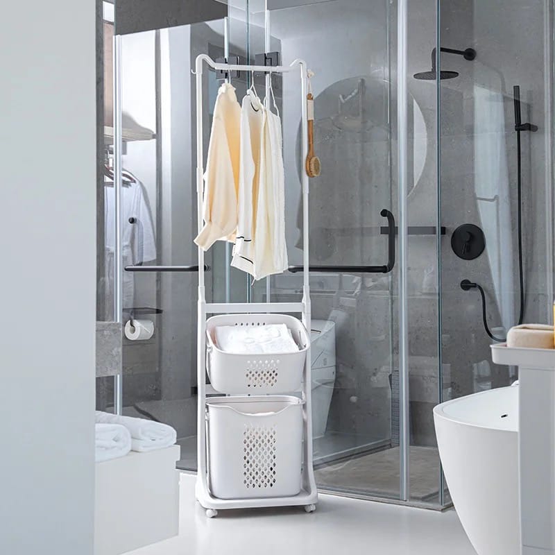 Laundry Storage Basket With Hanger Placed in the Bathroom.