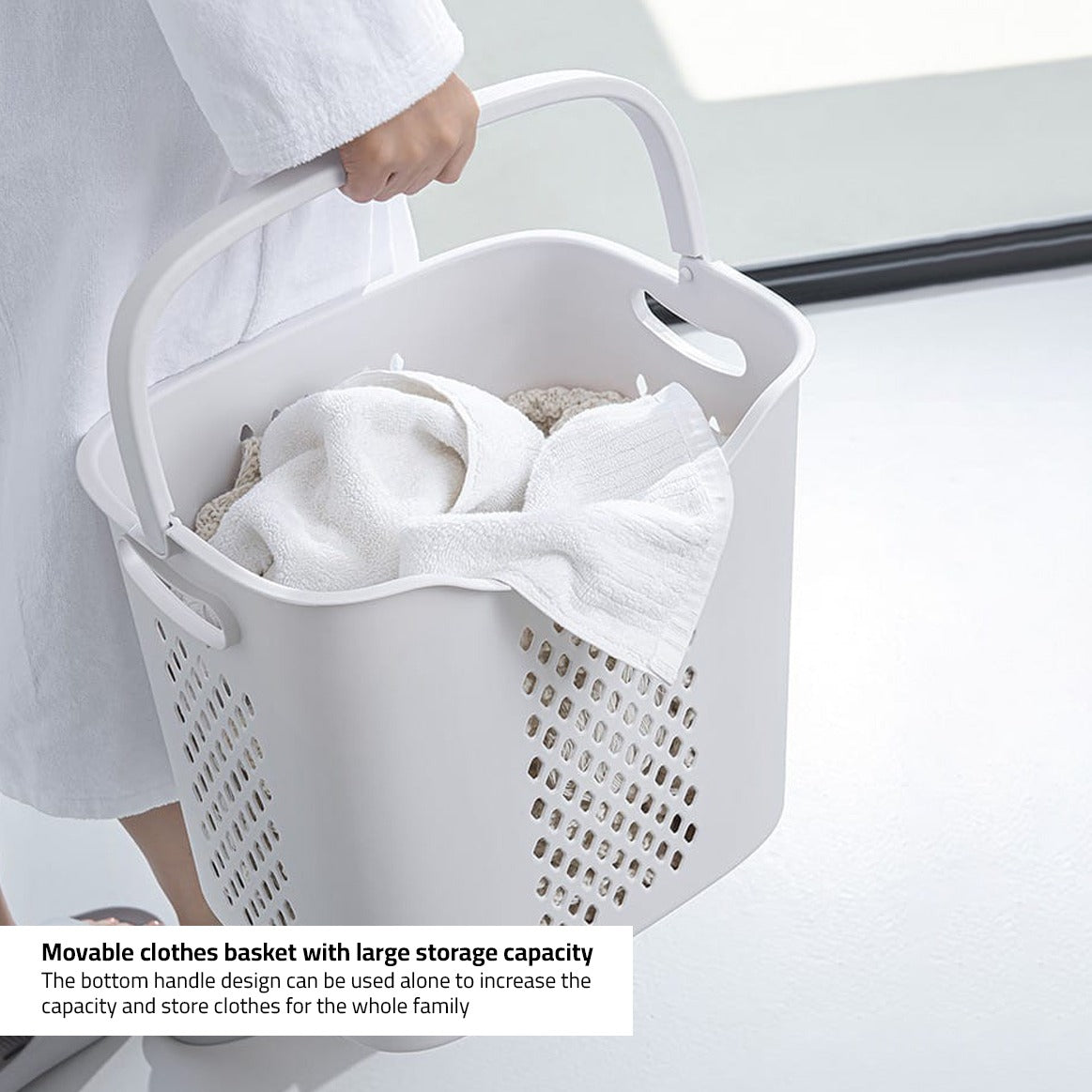 A Women is Holding Basket Of Laundry Storage Basket With Hanger.