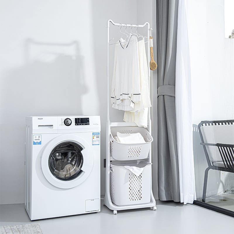 Laundry Storage Basket With Hanger is Placed Next to Washing Machine.