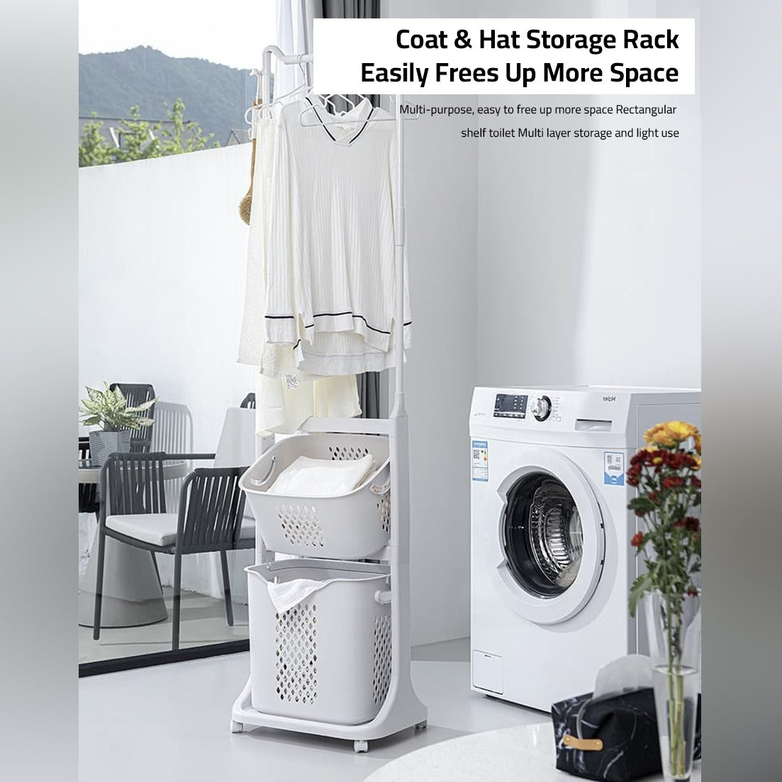 Laundry Storage Basket With Hanger With Clothes Placed Near Washing Machine.