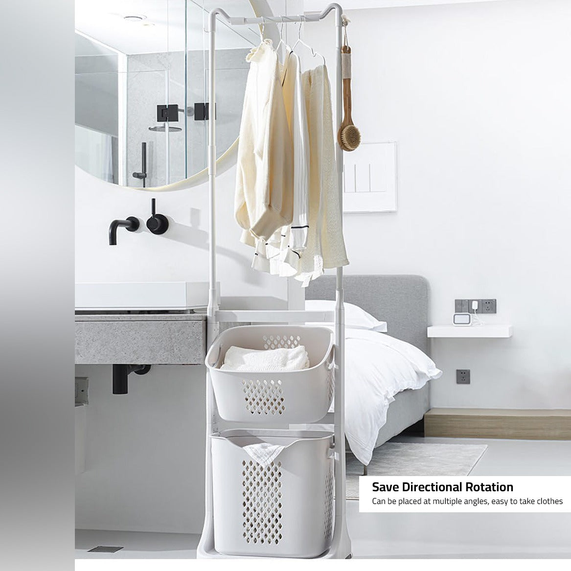 Laundry Storage Basket With Hanger is Placed in the Washroom.