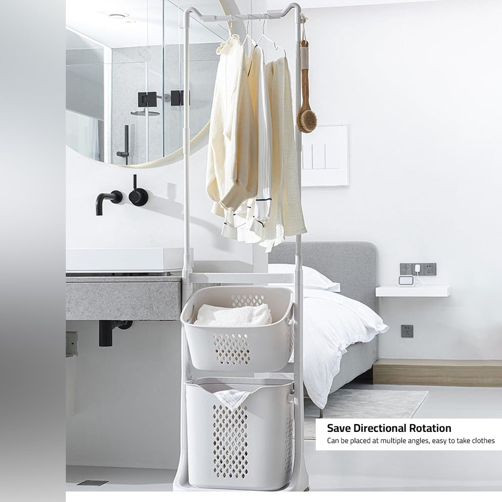 Laundry Storage Basket With Hanger, 2 Layer Laundry Hamper with Wheels and Cloth Stand Laundry Storage Basket With Hanger, 2 Layer Laundry Hamper with Wheels and Cloth Stand