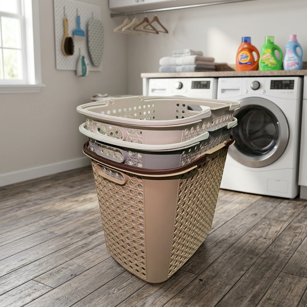 Beige laundry basket with a smaller basket inside in a laundry room.