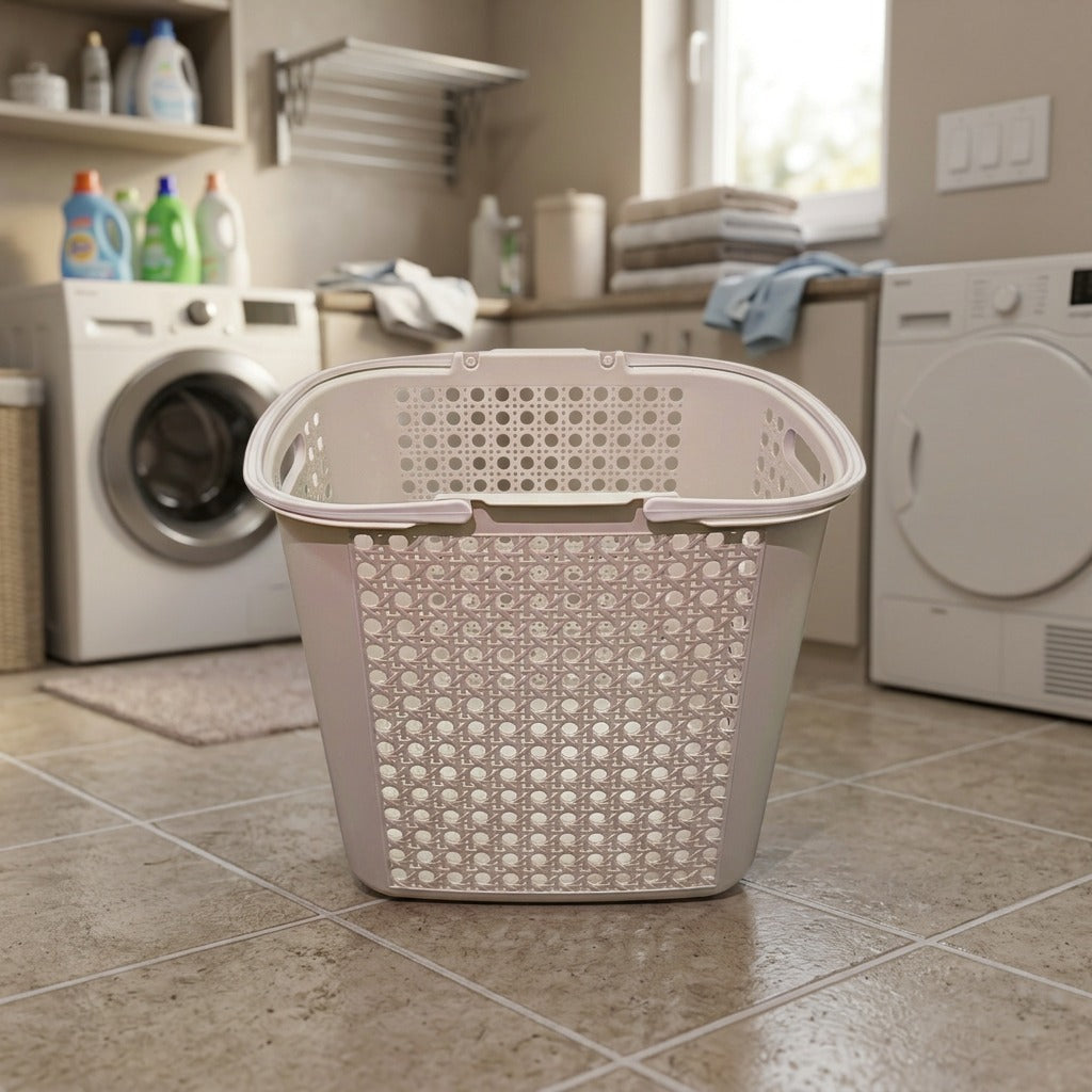 Beige laundry basket on a tiled floor in a laundry room with washing machines and cleaning supplies.