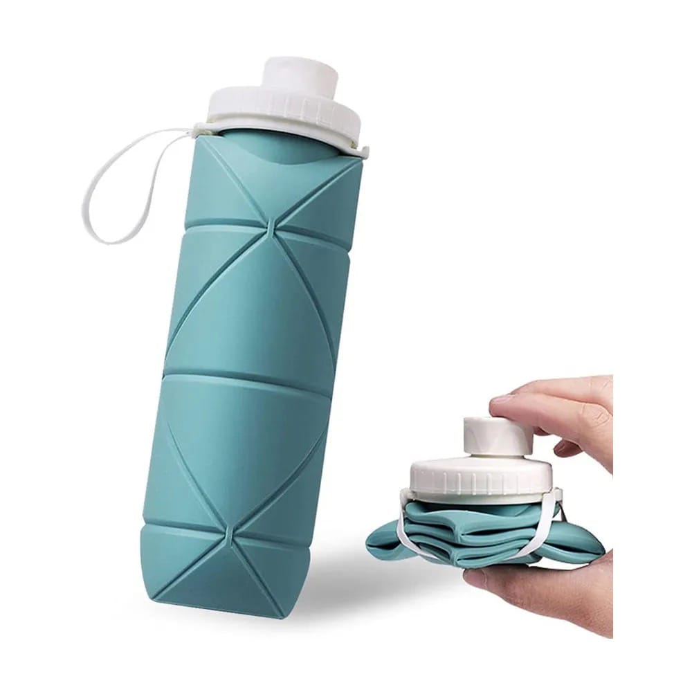 A Person is Folding Foldable Silicone Travel Water Bottle.
