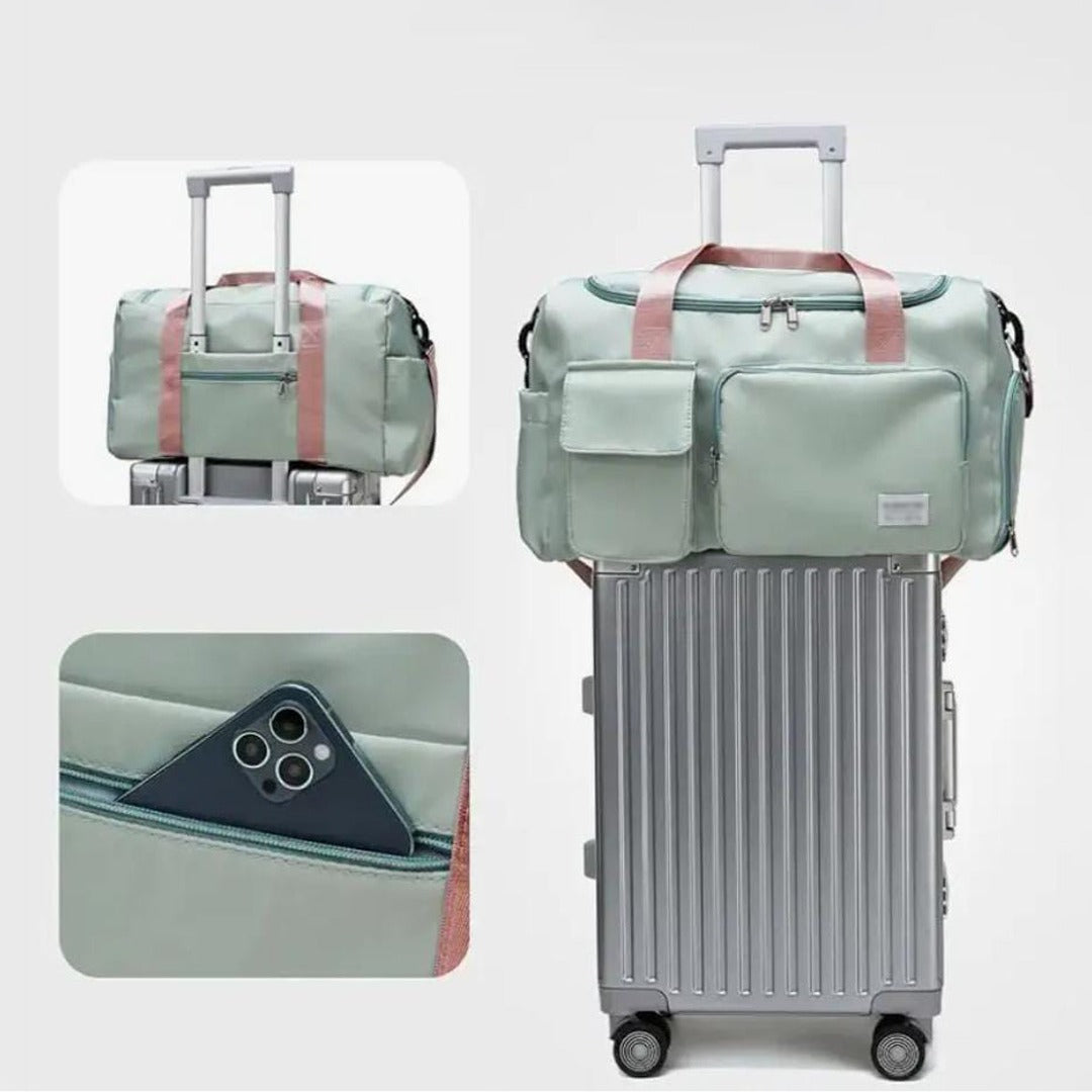 Light Green Multi-Pocket Travel Duffle Luggage Bag Placed Above Trolley.