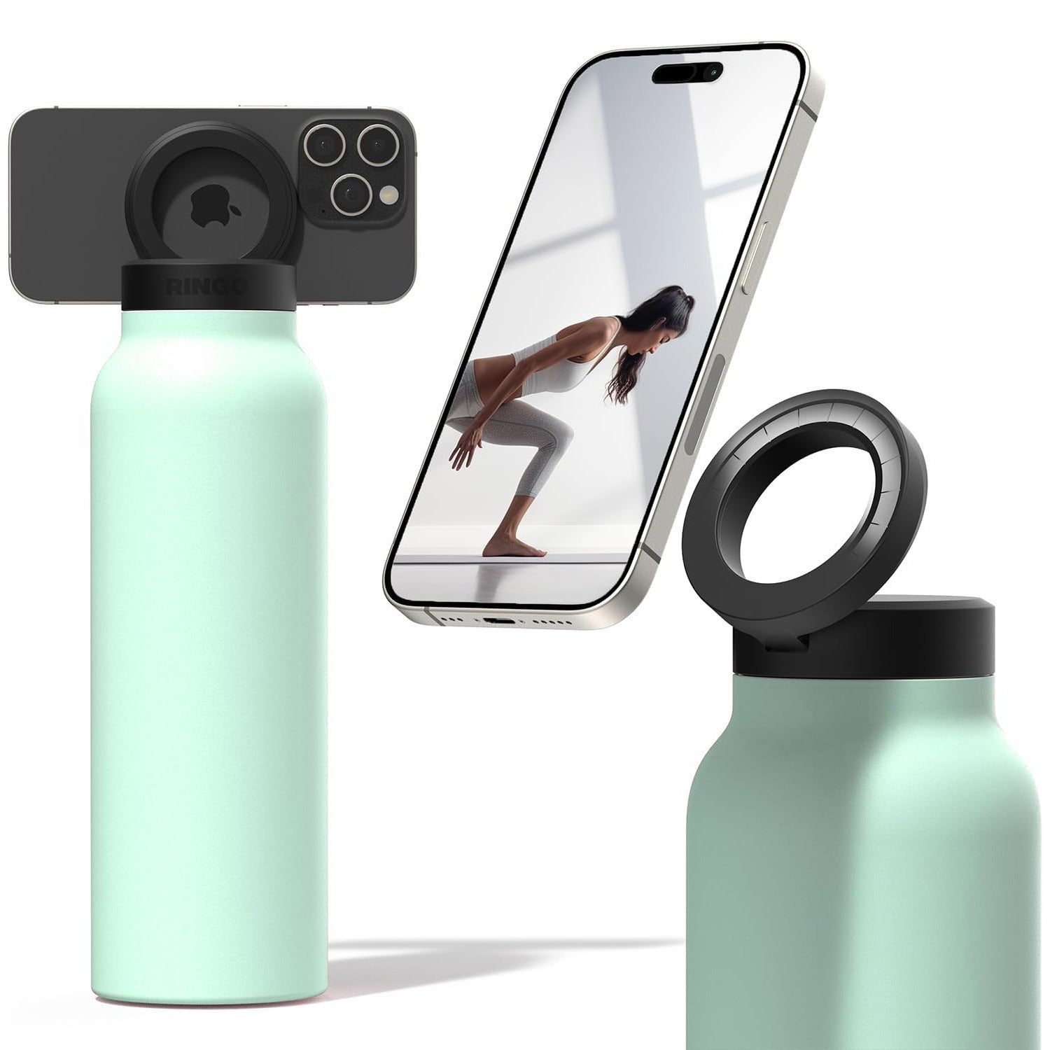 Light Green Stainless Steel Vacuum Water Bottle With MagSafe Magnetic Phone Holder.