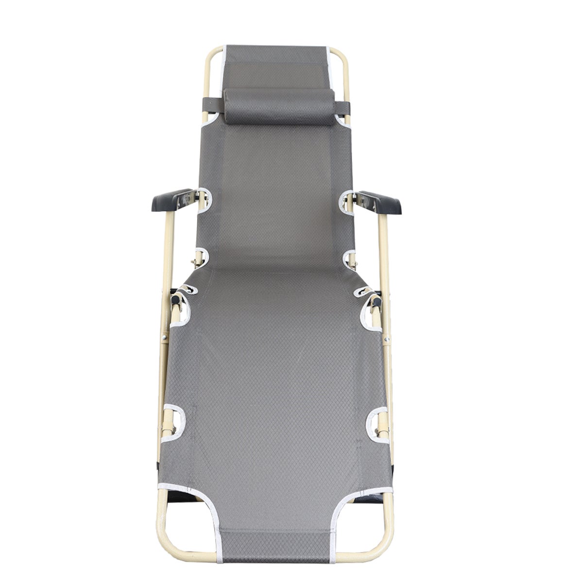 Gray folding beach chair on a white background