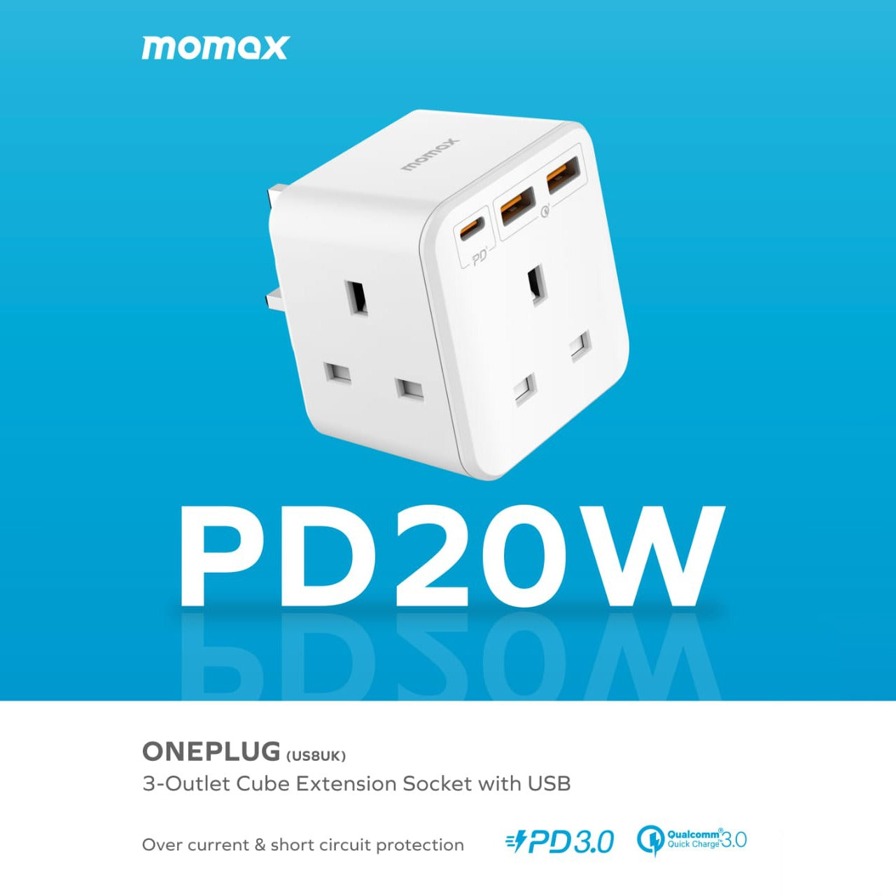 MOMAX Oneplug 3-Outlet Cube Extension Socket with USB