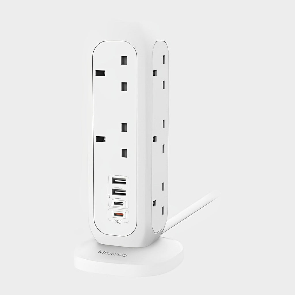 موكسيدو Smart-Hub Tower Power Strip، حماية من التيار الزائد، 11 مقبس، 2 نوع C، 2 منافذ USB موكسيدو Smart-Hub Tower Power Strip، حماية من التيار الزائد، 11 مقبس، 2 نوع C، 2 منافذ USB