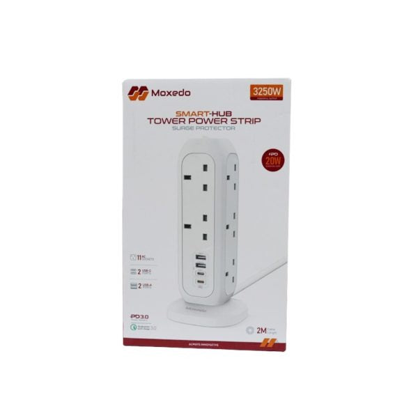 موكسيدو Smart-Hub Tower Power Strip، حماية من التيار الزائد، 11 مقبس، 2 نوع C، 2 منافذ USB موكسيدو Smart-Hub Tower Power Strip، حماية من التيار الزائد، 11 مقبس، 2 نوع C، 2 منافذ USB