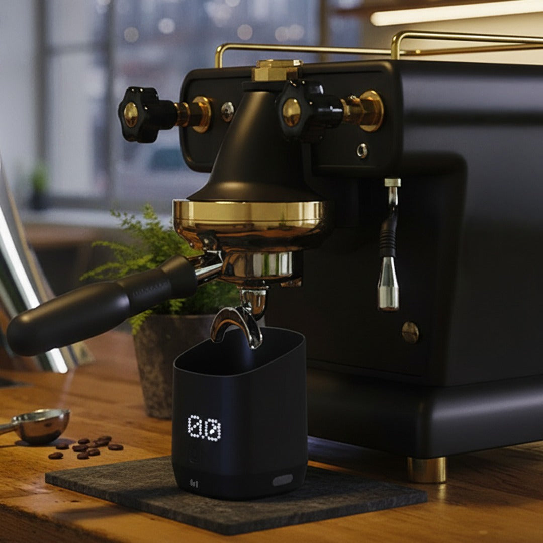 Black espresso machine with aMacnoa MacScale Cup Digital Coffee Dosing Cup on a wooden surface.