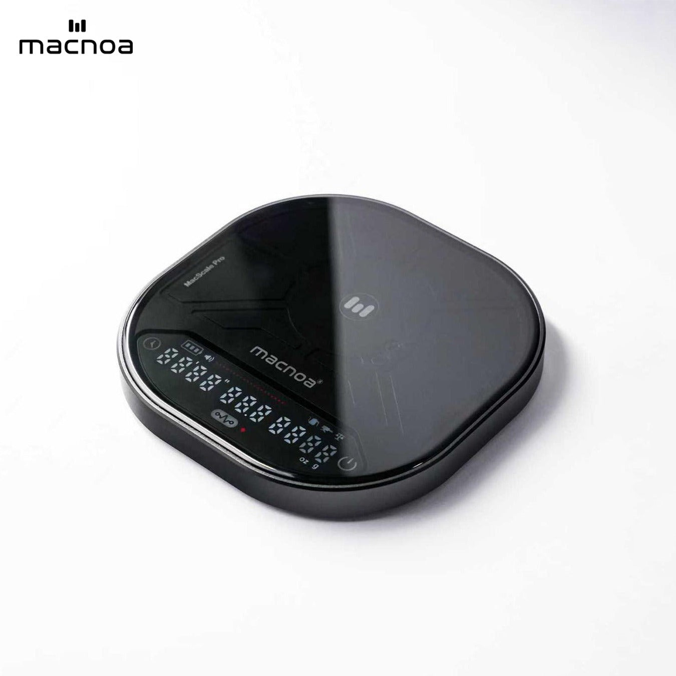 A sleek, Macnoa MacScale Pro Smart Coffee Scale with a glossy finish and an illuminated LCD display, shown on a clean white background with the 'macnoa' brand logo in the top-left corner.