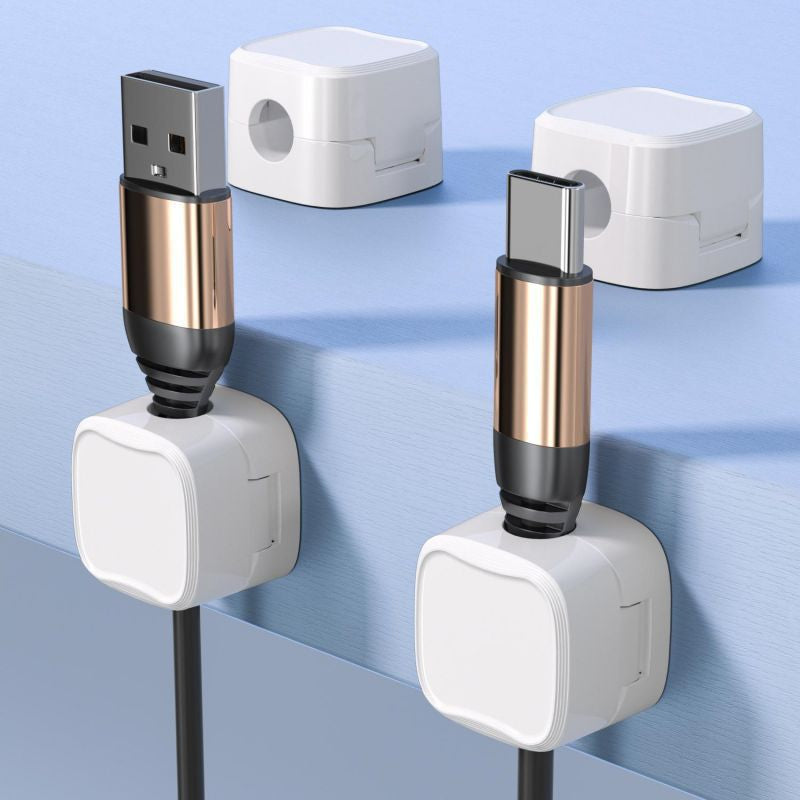 Magnetic Cable clips securely hold charging cables on desk edges.