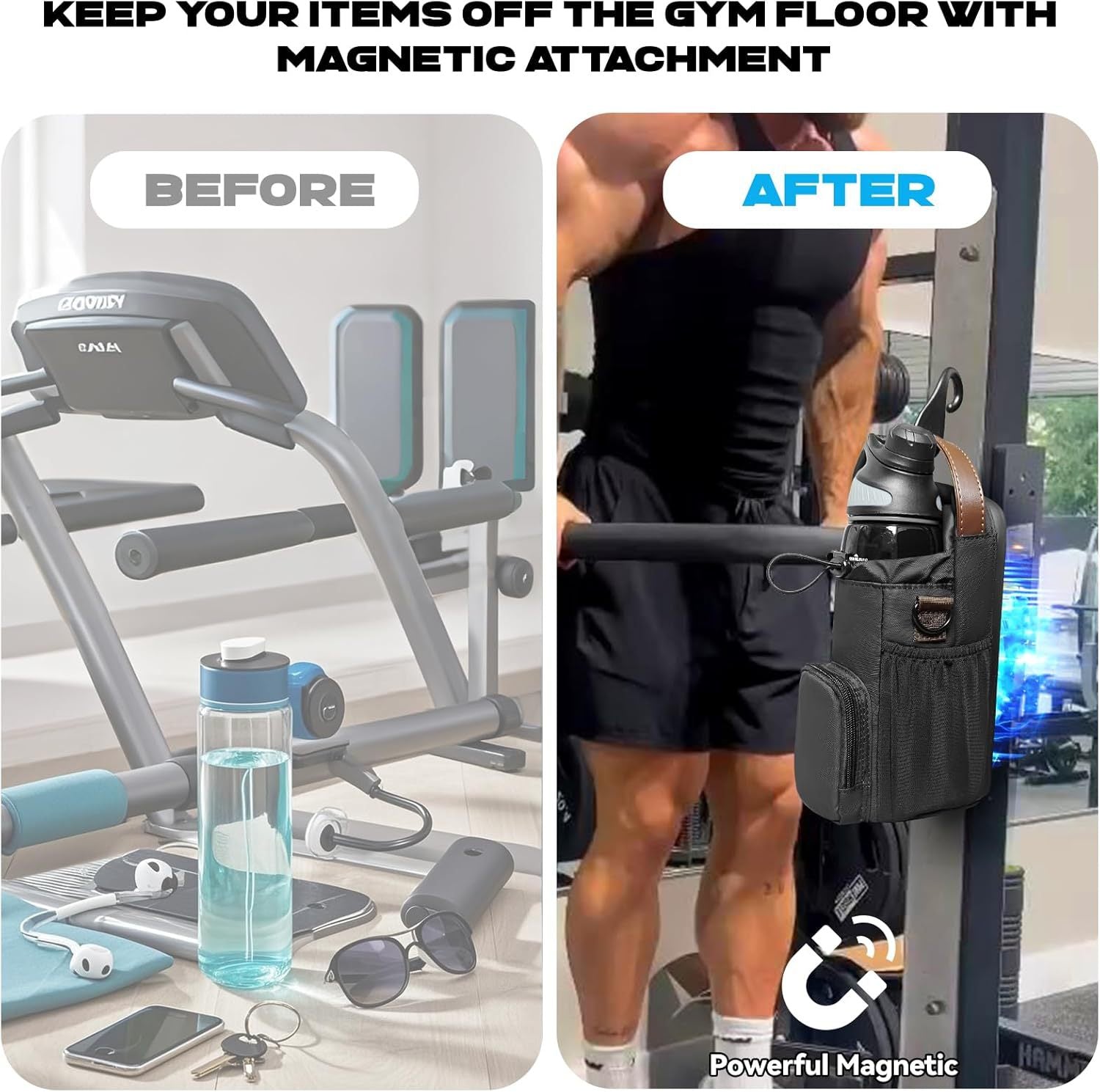 A Person is Working Out and Magnetic Gym Bag Bottle Holder securely attached to gym equipment, keeping water bottle and essentials off the gym floor with a powerful magnetic attachment.