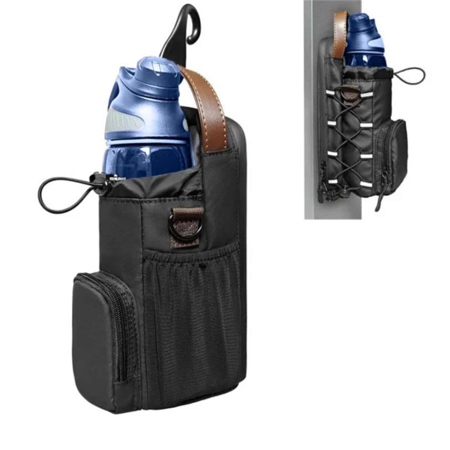 A Bottle is Kept on a Magnetic Gym Bag Bottle Holder and is Attached on a Metal Wall.