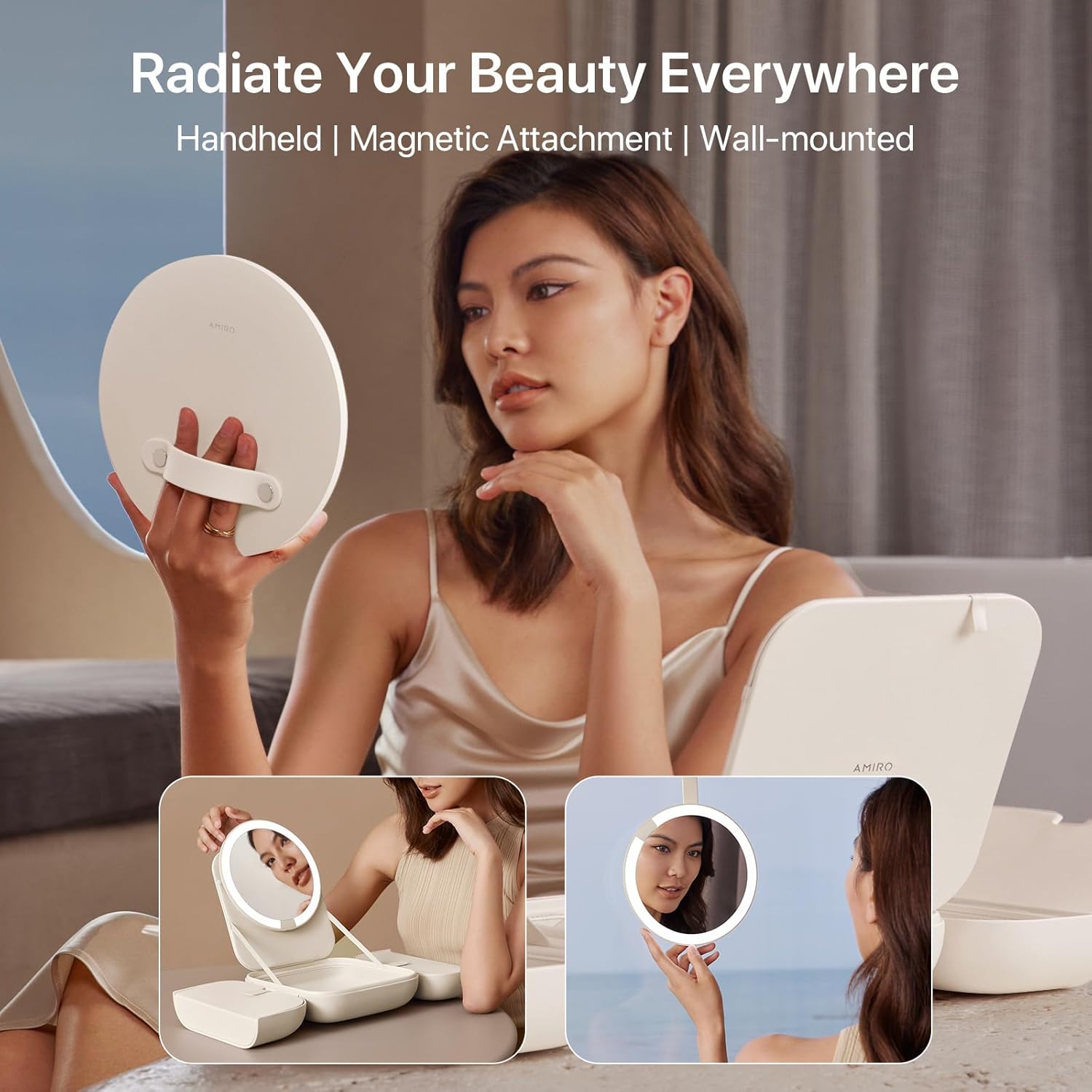 A Woman is Holding Led Mirror of Makeup Bag with LED Mirror.