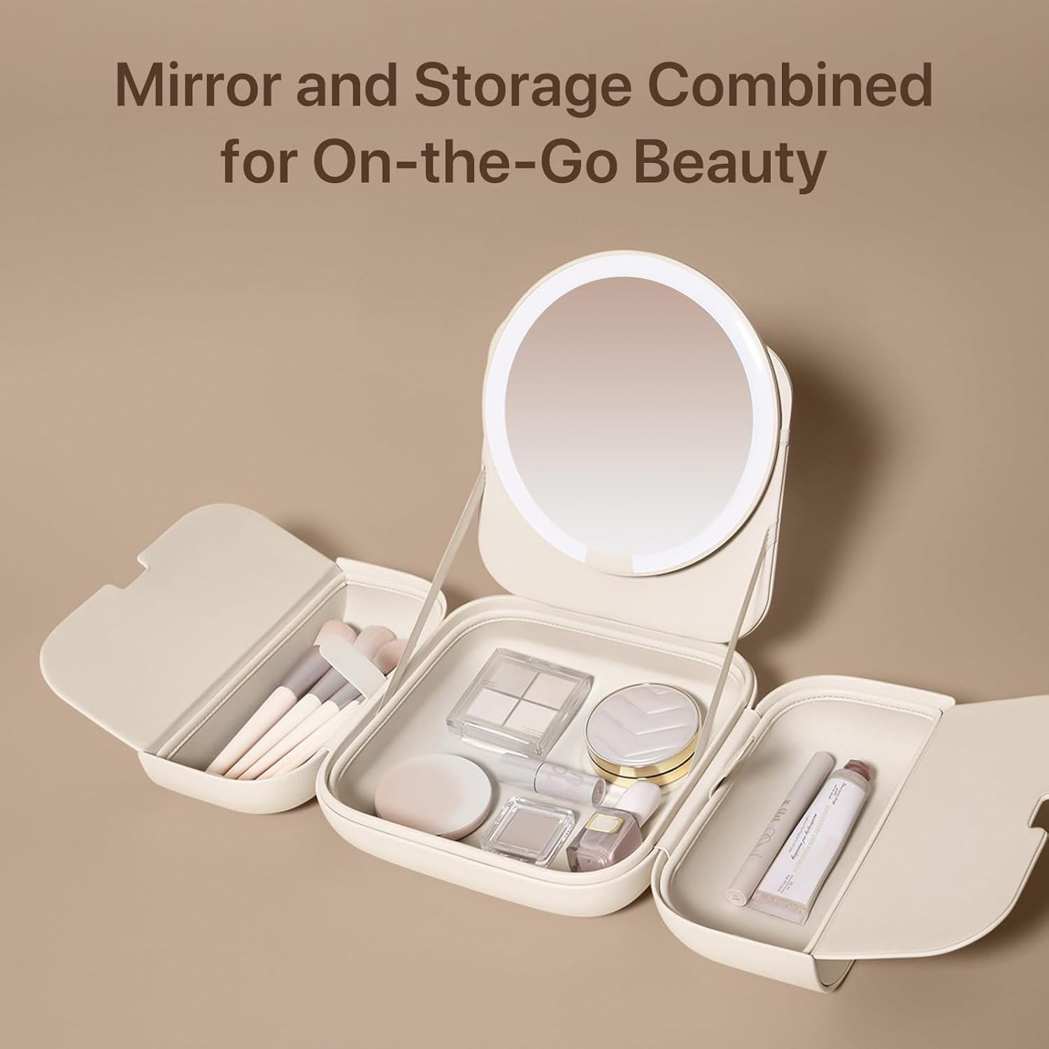 Makeup Essentials are Arranged in a Makeup Bag with LED Mirror.