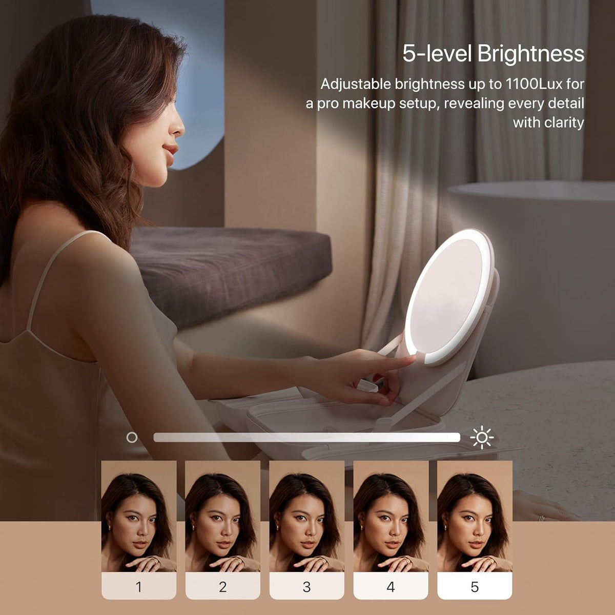 A Woman is Operating LED Mirror of Makeup Bag with LED Mirror.