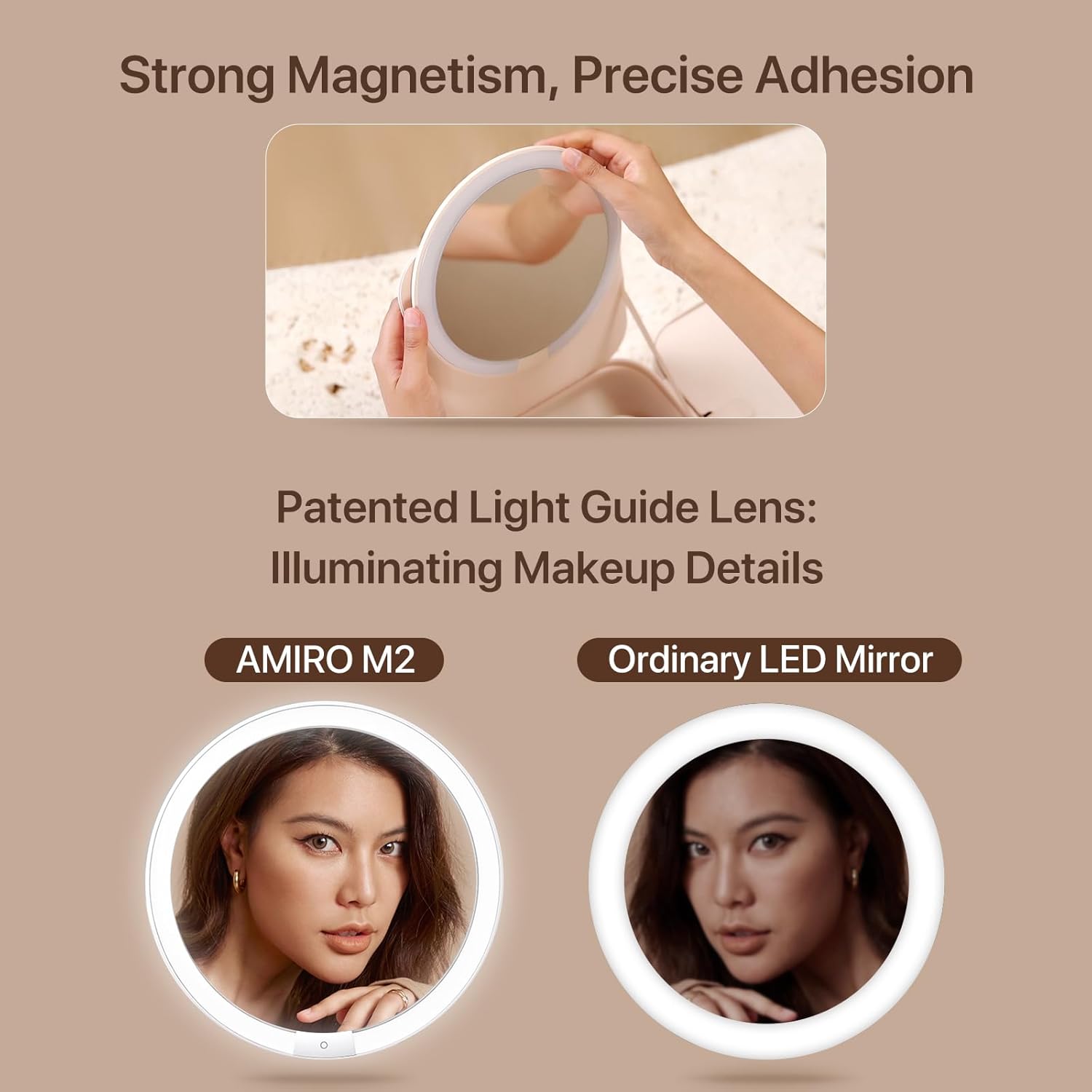 A Person is Holding Makeup Bag with LED Mirror and a Woman is Reflecting on the Mirror.