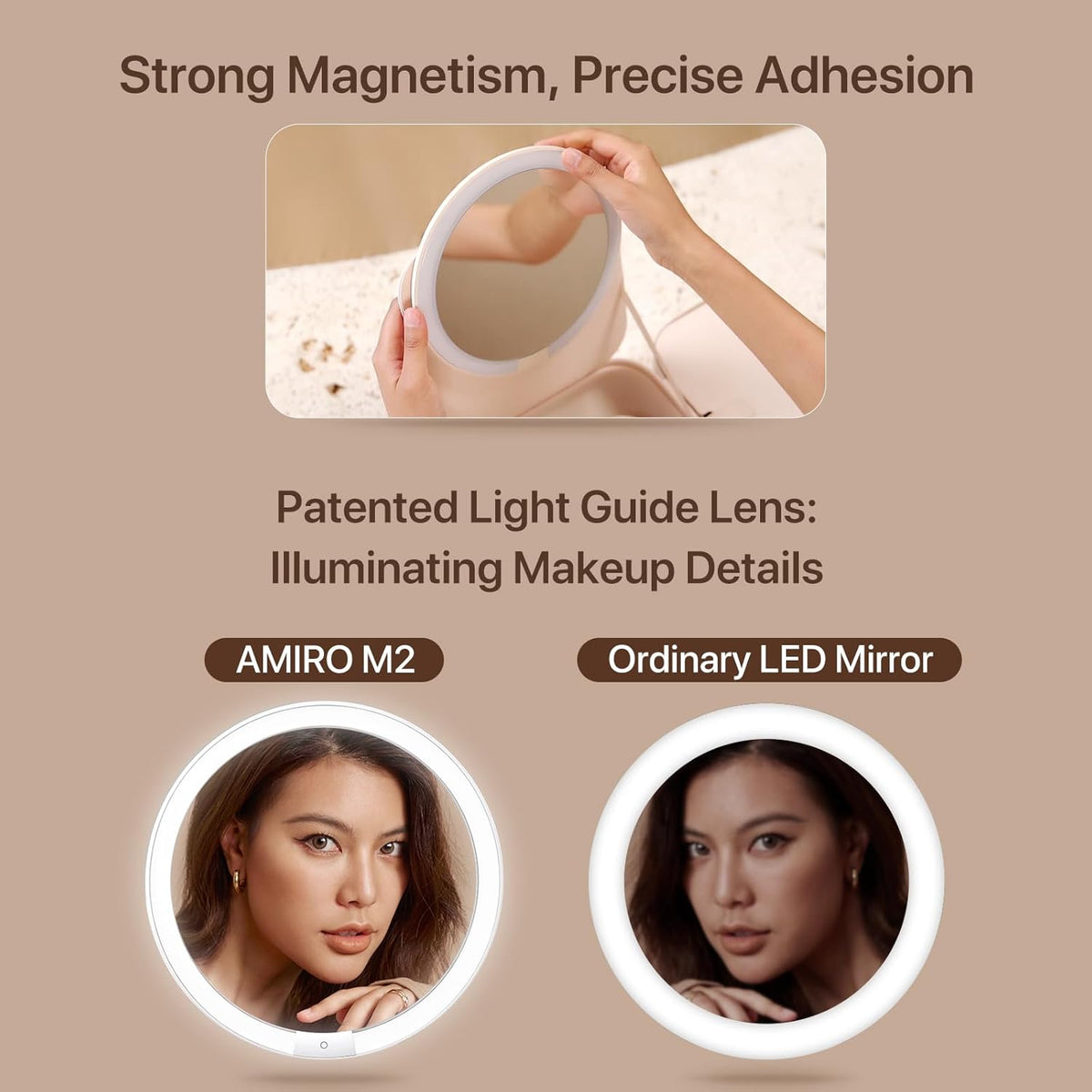 A Person is Holding Makeup Bag with LED Mirror and a Woman is Reflecting on the Mirror.