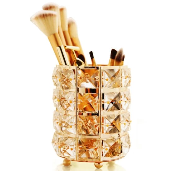 Gold Makeup Brush Holder Organizer With Makeup Brushes.