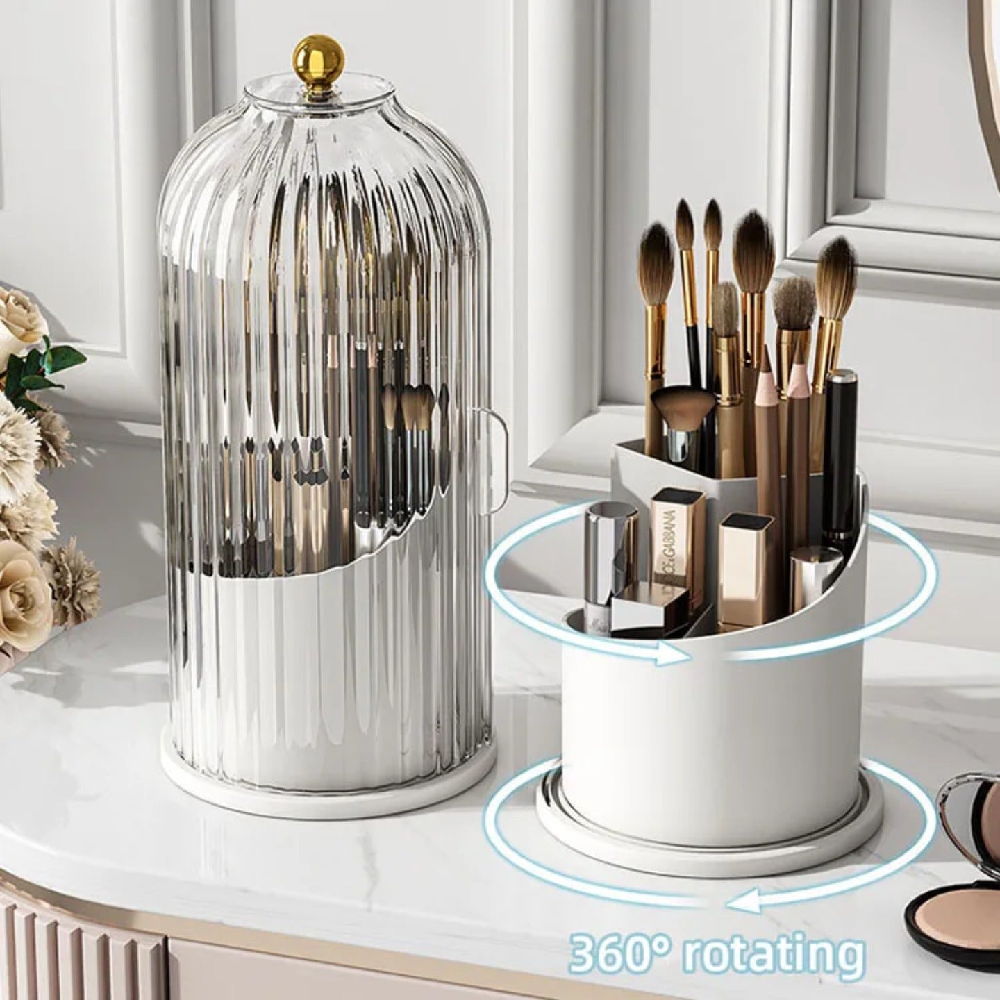 A Makeup Brush Holder Organizer Stand is Organized with Makeup Items.