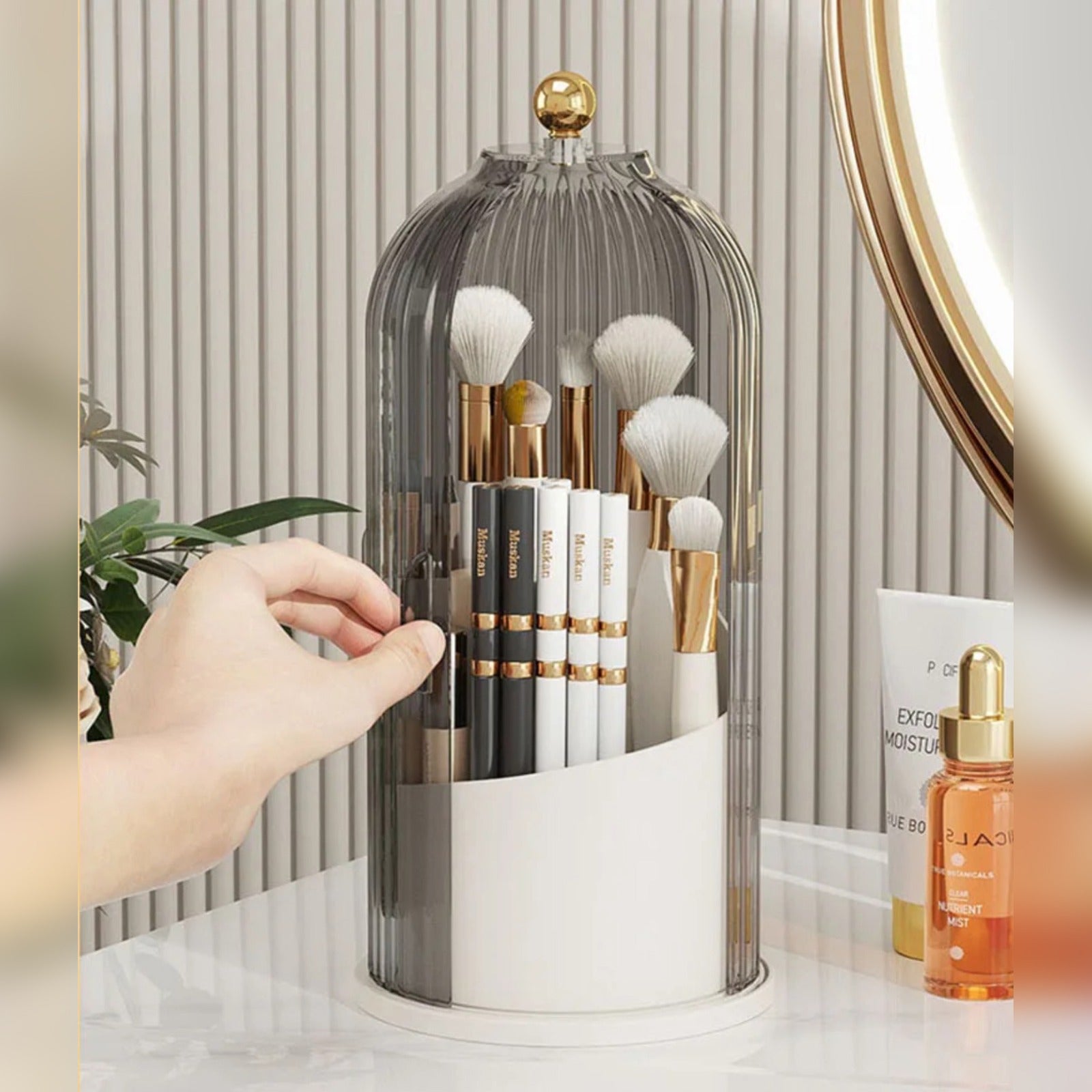 A Person is Taking Makeup Essentials From A Makeup Brush Holder Organizer Stand.