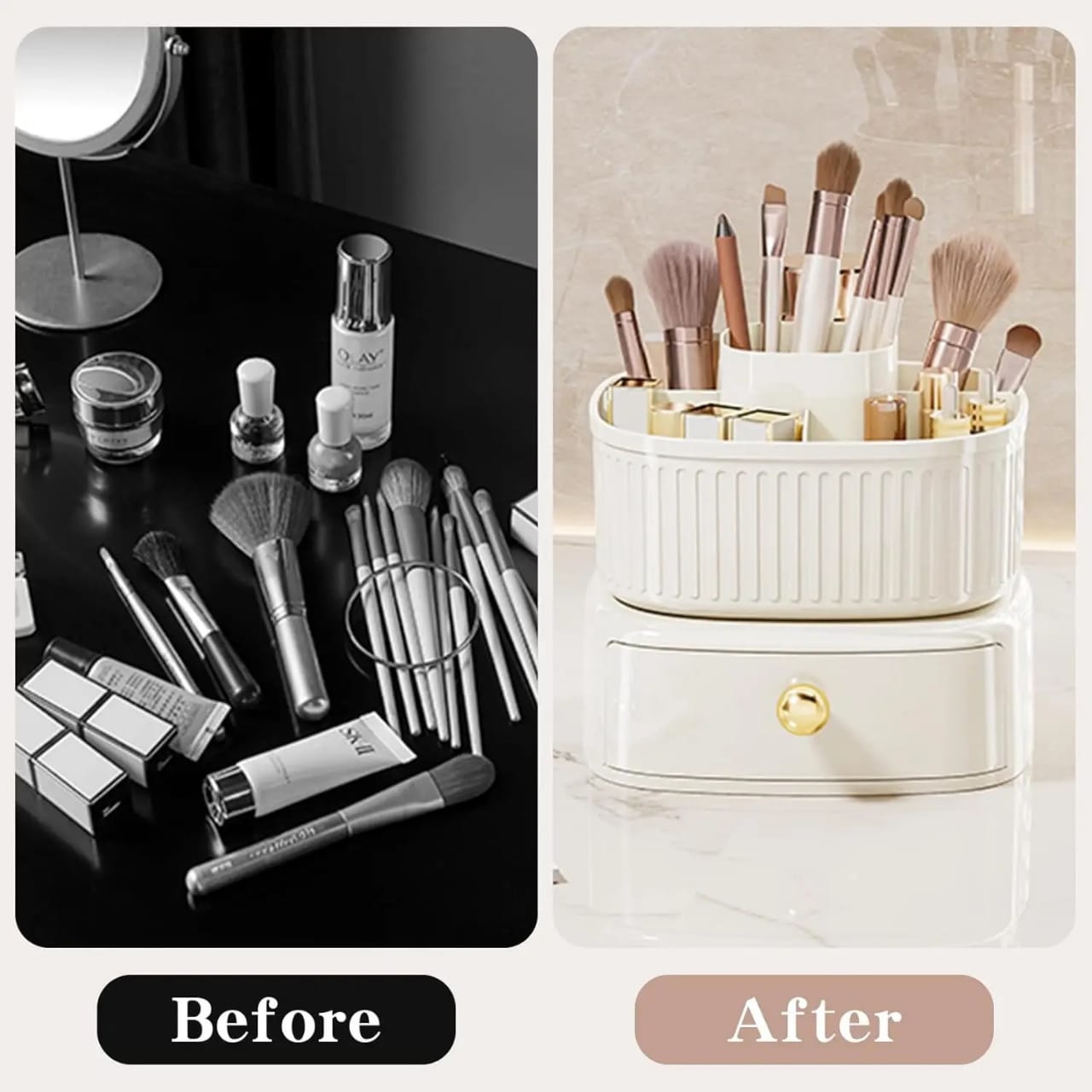 Before and After Use Of Rotating Makeup Organizer With Drawer
