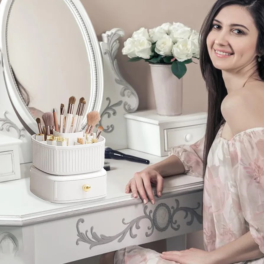 A Women is Using Makeup Items Organized in a Rotating Makeup Organizer With Drawer.