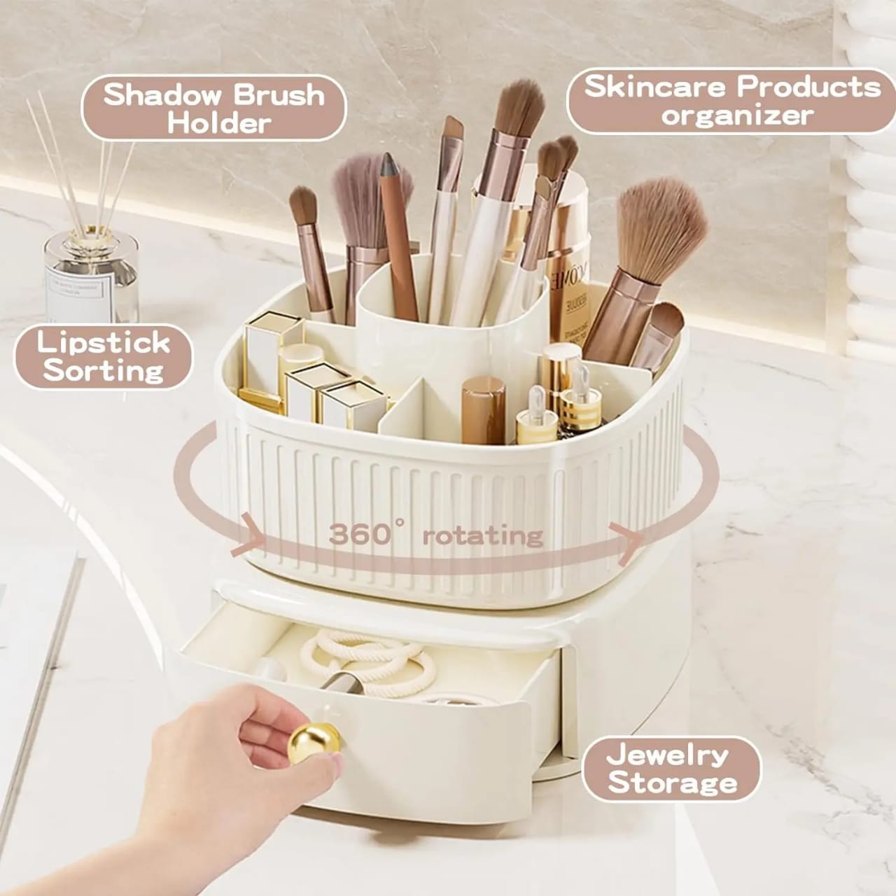 Features Of Rotating Makeup Organizer With Drawer.
