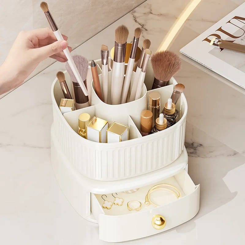 A Women is Picking Makeup Brush From Rotating Makeup Organizer With Drawer.
