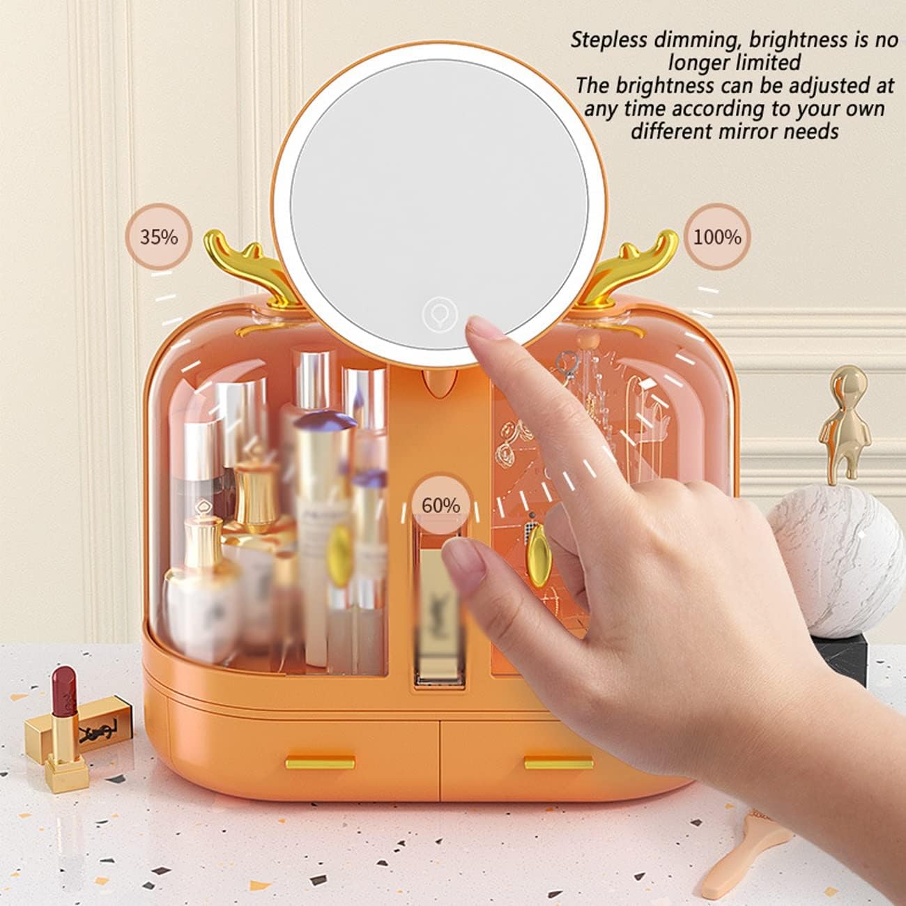 Hand adjusting a stepless dimming mirror of Makeup Storage Box with cosmetic products inside on a table.