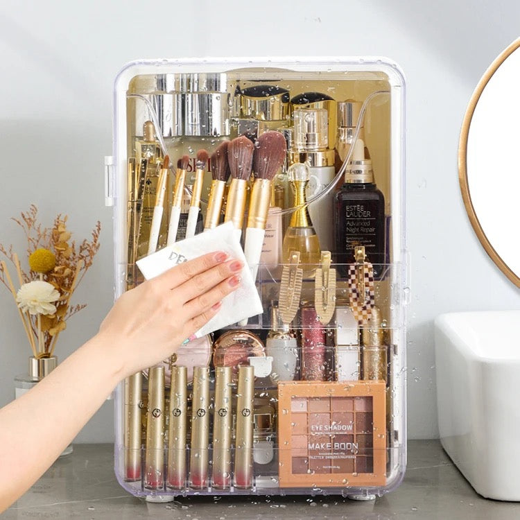 A Person is Cleaning Makeup Storage Box with Water.