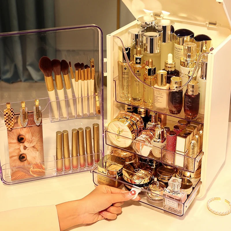 A Women is Picking From Makeup Storage Box Organized With Cosmetics and Makeup Items.