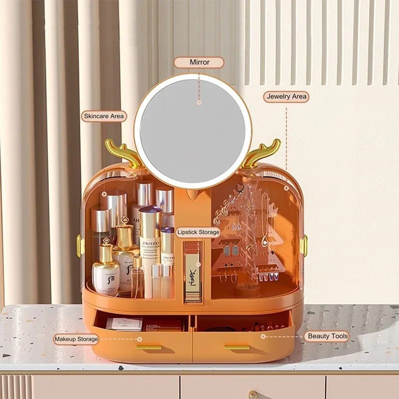 Multifunctional vanity organizer with mirror, skincare area, jewelry area, makeup storage, and lipstick storage.