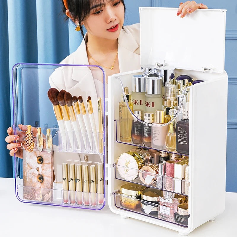 A Women is Organizing Makeup Storage Box is Organized With Cosmetics and Makeup Items.