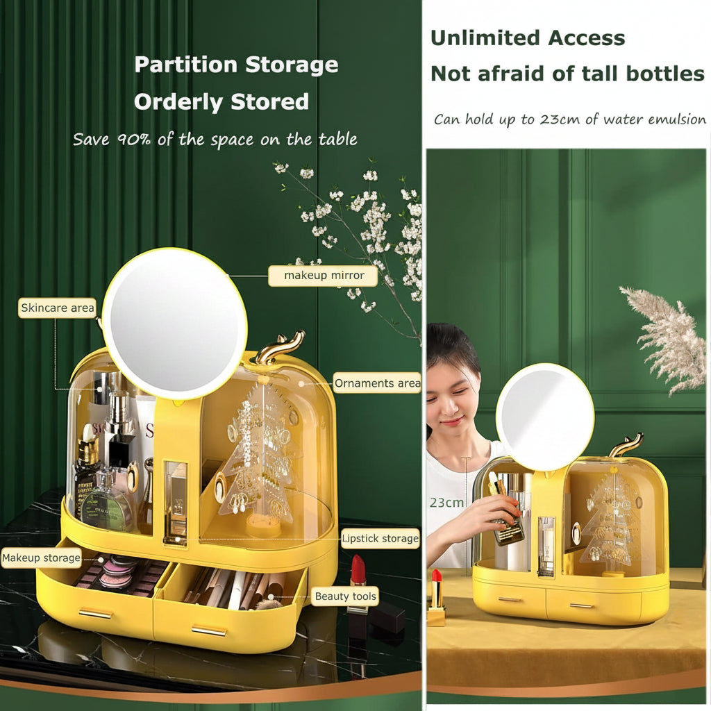 Makeup Storage Box with mirror and compartments on a green background
