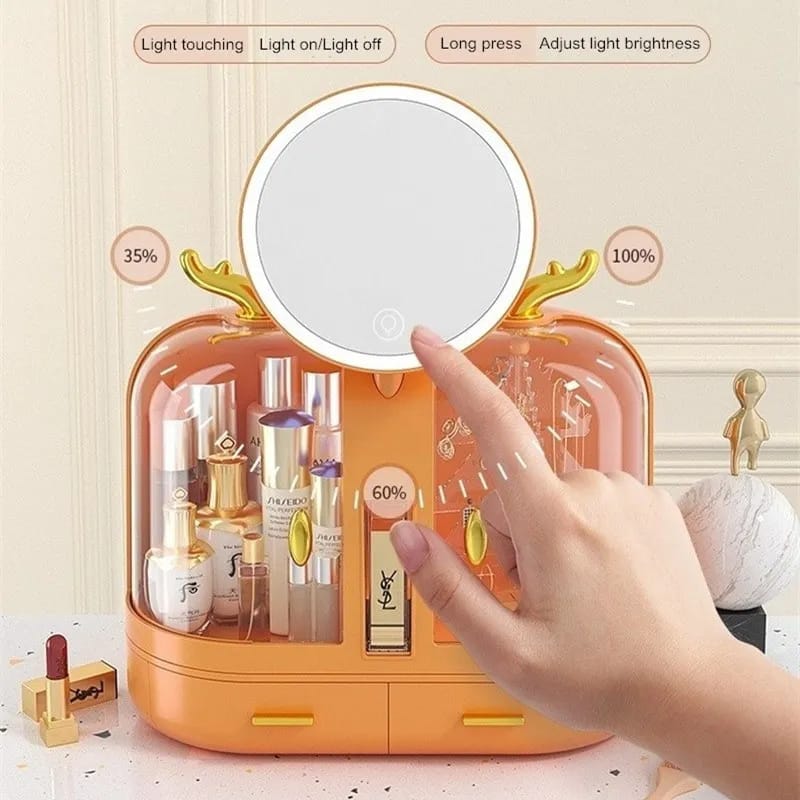 Orange cosmetic organizer with a mirror and skincare products on a light background